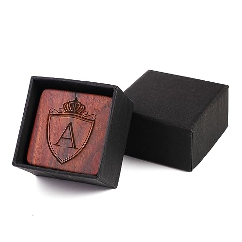 Image of Mens Initial Silver Cufflinks A-Z Alphabet Letter Steel Cuff Links with Engraved Walnut Wood Box Groom Groomsman Wedding Set