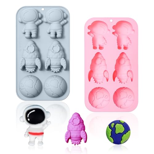2 Pack Space Themed Silicone Cake Molds 6 Cavity 3D Astronaut Rocket Earth Mould Tray DIY Baking Decorating Tools for Chocolate Candy Cupcake Topper Mousse Dessert Gummy Handmade Soap Clay