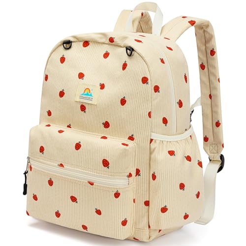 Image of STEAMEDBUN Corduroy Kids Backpack for Girls and Boys 5-8: Girls Backpack for Elementary Kindergarten - 15 inch Cute Backpacks for Kids - Strawberry