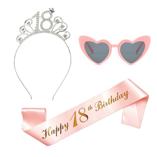 Kit 18 Cumpleaños Chica 3 Piezas con Banda Satinada 160 x 9,5 cm, Tiara Brillante y Gafas Corazón Rosa, Regalo 18 Años Chica para Fiesta, Fotos, Decoración y Celebración Especial