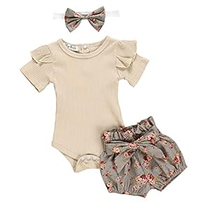 Borlai 3 Stück Sommer Outfits für Baby Mädchen Strampler + Blumen Shorts + Stirnband für 0-24 Monate