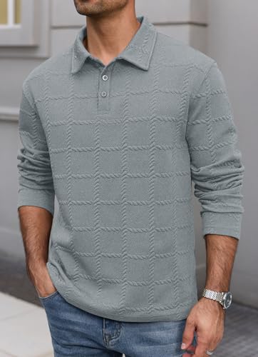 VOGSTART Polo texturizada para hombre con manga larga y botones, talla S-XXL miniatura 2