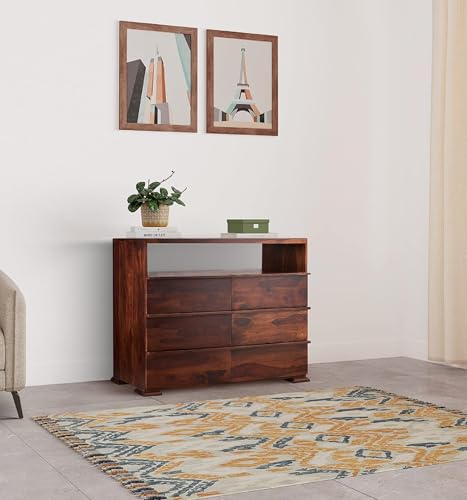 Image of SHIKHA WOOD CRAFT Solid Sheesham Wood Chest of Drawers with 6 Drawers and 1 Open Shelf Storage | Wooden Dresser Organizer for Bedroom, Living Room, Hallway, Office and Home Furniture (Natural Finish)