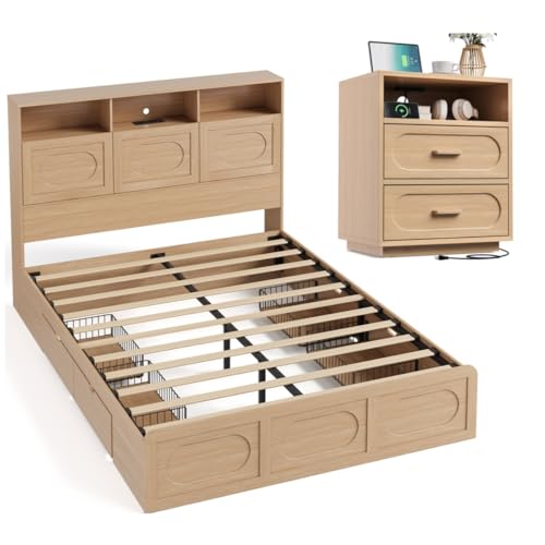 Image of 2 Pieces Bedroom Set, Queen Size Bed Frame with Storage Headboard, Nightstand with Charging Station, Natural Oak