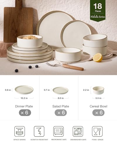 Image of Famiware Nebula Plates and Bowls Sets, 18 Pieces Stoneware Dinnerware Sets, Reactive Glaze Dish Set, Dishes Set for 6, Matte Beige White with Brown Rim