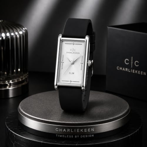 Image of CHARLIEKEEN Slim Rectangular Mens Analog Watch, Silver, Black, Silver | SILICONE STRAP