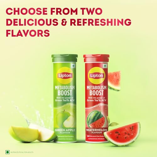 Image of Lipton Metabolism Boost with 150mg Green Tea Catechins and 50mg ACV (Apple Cider Vinegar) | For Weight Loss & Fat Burn | Zero Calories | 16N Effervescent Tablets | Watermelon Flavour