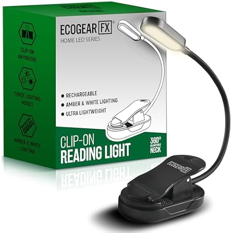EcoGear FX Book Reading Light for Bed and Travel - Rechargeable LED Clip on Lights with 3 Lamp Modes and 360-Degree Adjustable Neck Cover