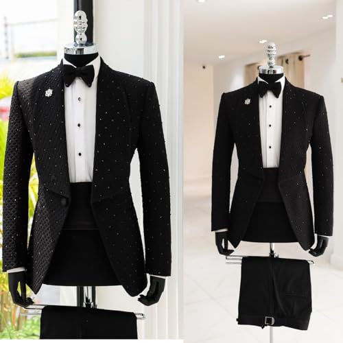 Men's Slim Fit Tuxedo Suit 2 Pieces with Rhinestone Welt Pockets Dual Vents Formal Jacket and Pants2