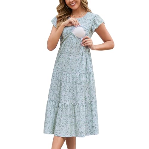 GINKANA Womens Maternity Nursing Dress Flutter Short Sleeve Breastfeeding Clothes Summer Beach Sundresses Little Daisy M