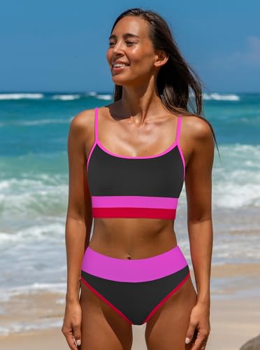 popvil Women Bikini Sets Two Piece Bathing Suit - Sporty High Waisted Swimsuit Cheeky Modest Ribbed Neon Bikini3