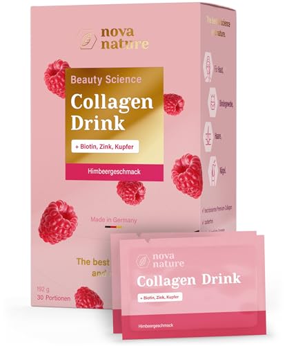 Beauty Collagen Drink (Collagen Pulver + Zink, Biotin, Kupfer) - 5 g Kollagen Hydrolysat Peptide Type I, II & III pro Tag - mit Himbeergeschmack, Kollagen Komplex für Inner Beauty - von NovaNature