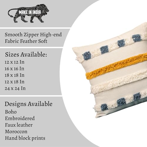 Image of Boho Square Pillow Covers | 18X18 Inches Embroidery Cushion Covers | Tufted Cushion Cover for Home Decor | Hand Crafted Bohemian Cushion Cover for Sofa & Bed Room (Set of 1, 18 * 18)