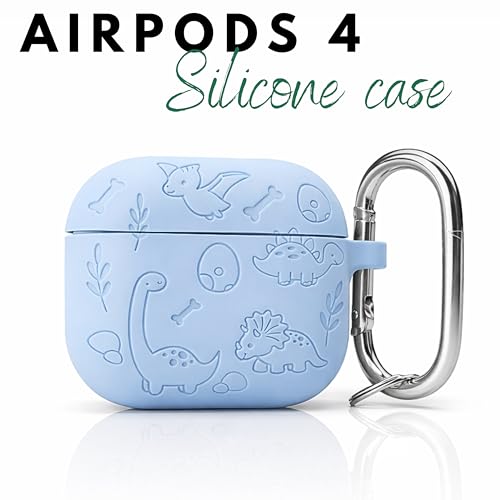 Image of Emoh Roced Case for Airpod 4 with Keychain,Silicone Dinosaur Engraved Cases Compatible with Apple AirPods 4th Generation 2024, Anti-Scratch, Protective Case Cover (Sky Blue, for AirPods 4)