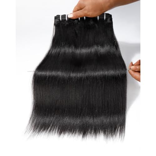 BEEOS 3 Yaki Straight Bundles Human Hair, Double Weft 100% Remy Human Hair Bundles for Black Women Sew in and Quick Weave, Natural Black 18 20 22 Inch 95g x3