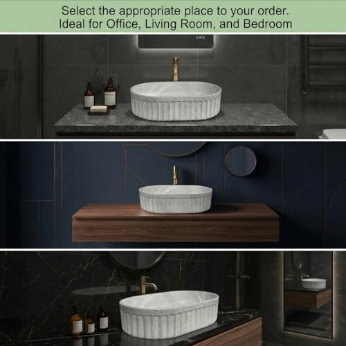 Image of BASSINO 22x14x6 Inches Ceramic Table Top Wash Basin /Designer Bathroom Sink /Matt Countertop Vessel Basin /Oblong-Oval Above Counter Basin /Wash Basin for Bathroom /Dining Hall(White and Grey Marble)