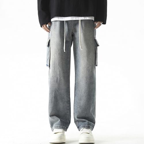 XYXIONGMAO Men's Light Wash Denim Cargo Pants Streetwear Casual Baggy Drawstring Elastic Waist & Oversized Pockets for Men3