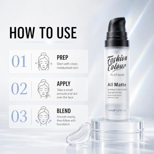 Image of FASHION COLOUR Platinum All Matte Invisible Pore Primer | Mattifying Face Primer for Oily Skin | Pore Blurring Makeup Base | Oil-Control Primer for Smooth Makeup | Lightweight Gel Formula | 30ml