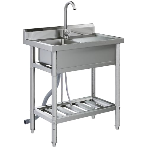 JFHID Stainless Steel Utility Sink, Freestanding Outdoor Sink Station with Hose Hookup, Small Tub for Garage, Laundry, Kitchen, Farmhouse(Single Bowl)