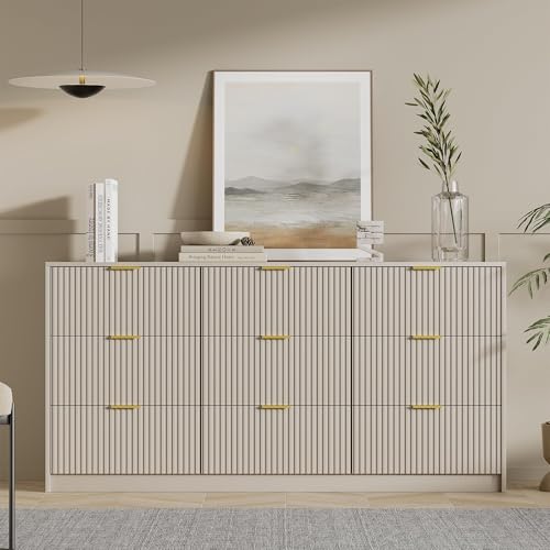 Image of Furniway 9 Drawer Dresser for Bedroom, 63 inch Wide Dresser with Gold Handles, Modern Wood Chest of Drawers Storage Cabinet, Fluted Long Dresser for Bedroom, Living Room, Hallway, Beige