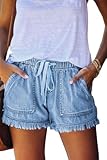 YOCUR Womens Denim Shorts Trendy Casual Jean Shorts High Waisted Baggy Fringe Drawstring Distressed Pockets Short Pants Light Blue L
