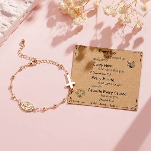 Catholic Virgin Mary Cross Bracelet Gifts for Girls Teens Women, Rosary Beads Charm Link Chain Bracelet Christmas Christian Religious Jewelry Gifts