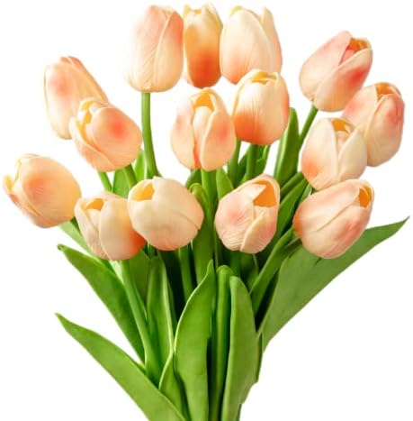 15pcs Artificial Tulips Bouquet, Real Touch Fake Flowers Tulips Arrangement for Home Room Office Wedding Party Decoration (Morning Sun and Cloud)