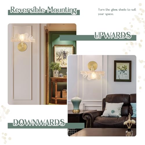 Image of Indoor Vintage Vanity Light - Clear Flower Glass Shade, Bathroom Light Fixtures Industrial Hardwired Wall Mounted Lamp,Transparent Retro Vanity Lighting for Over Mirror Bedroom Foyer
