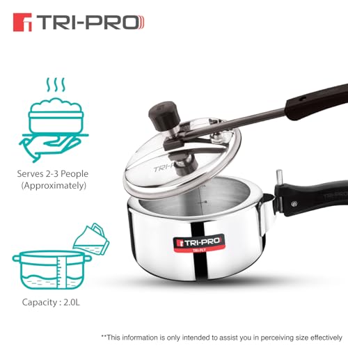 Image of Tripro Triply Stainless Steel Inner Lid Pressure Cooker, 2 Litres Pressure Cooker, Even Heat Distribution, Bakelite Sturdy Handle, Healthy Cooking, Easy to Clean - Induction and Gas Stove Ready