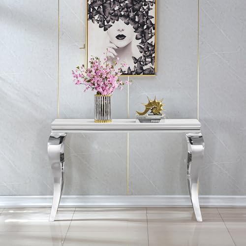 Image of Luxury Marble Console Table, White Faux Marble Top, Silver Stainless Steel S Legs, 46.8 inch Sofa Console Table Behind Couch, Modern Entryway Table for Hallway, Entrance, Foyer, Living Room