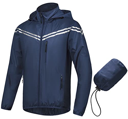 Image of CREATMO US Men's Packable Waterproof Running Rain Coats Reflective Cycling Jacket Windbreaker With Removable Hood