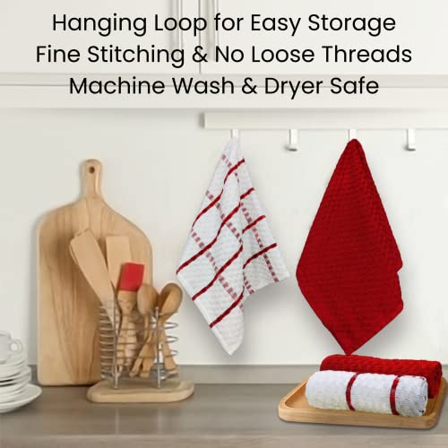 Linen Hub Terry Kitchen Dish Towels For Drying Dishes Set Of 8, Soft Absorbent Tea Towel, Farmhouse Kitchen Towels With Hanging Loop, 100% Cotton Kitchen Towels For Easter, Christmas 15X25 Red White #TOP6