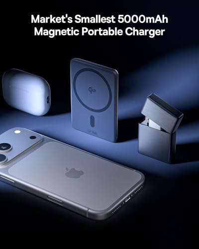 Image of Baseus Picogo Power Bank, Smallest Qi2 Certified 15W MagSafe Portable Charger, 0.5 inch Ultra Slim 5000mAh Magnetic Battery Pack with Stand, Alloy Wireless Charger for iPhone 17 Pro Max /17 Air /17e Series