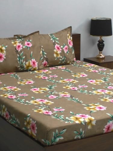 Image of Bombay Dyeing Mimosa 164 GSM Microfiber Brown Floral Double Bedsheet with 2 Pillow Covers