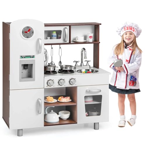 GLACER Wooden Kids Kitchen, Toy Kitchen Set w/Lights & Sounds, Water Dispenser, Microwave, Clock and Telephone, Kids Play Set for Aged 3+ Years Old