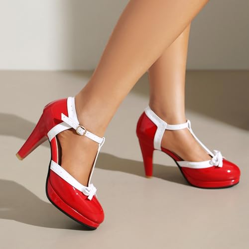 Image of ForeMode Fashion Women T-Strap High Heels Bow Platform Round Toe Pumps Leather Summer Sweet Shoes