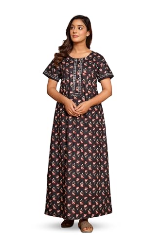 Image of NIHSAMAH Cotton Nighty for Women with Pocket, Premium Printed Long Nighty | Comfortable & Fancy Sleepwear /Nightwear