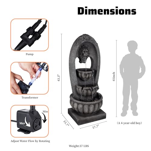 Image of Lion Head 3-Tier Outdoor Water Fountain, Resin with LED, 43 in