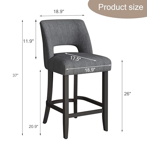 Image of VKNOW Bar Stools Set of 2, 26 inch Upholstered Counter Height Bar Stools | Modern Counter Stools with Black Rubberwood Legs for Kitchen Island Dining Room Bar, Dark Grey-Black Legs
