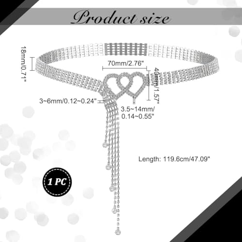 Rhinestone Chain Belt Sliver Sparkly Crystal Belt for Dresses Shiny Rhinestone Waist Belt with Heart Buckle Women's Stylish Waist Chain Belt for Wedding Party Decor, 47-1/8 inch(119.6cm)2