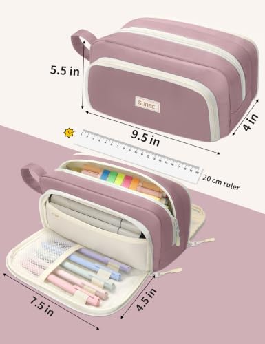Image of SUNEE Cute Pencil Case, Aesthetic Pen Pouch with 3 Compartments, Kawaii Colored Large Pencil Bag with Zipper, Stationery Storage and Organizer, Purple School Supplies for Teen and Adult Girls