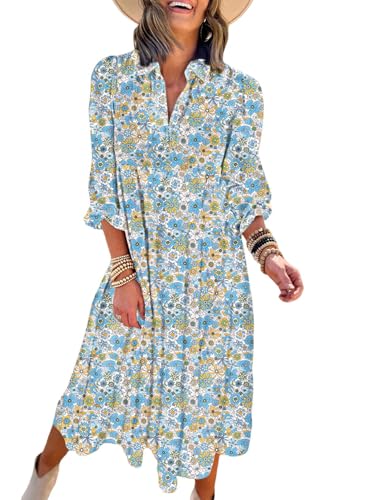 Dokotoo Women's Casual Loose Bohemian Floral Dresses 2025 Long Puff Sleeve V Neck Ruffle A Line Flowy Summer Beach Dress