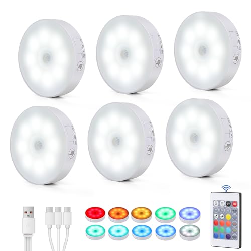 UYGEHGB 6-Pack Rechargeable LED Puck with Motion Sensor, 1500mAh RGB Dimmable Under Cabinet with Remote, USB-C, Magnetic Stick-On Night Lights for Kitchen, Closet, Bedroom