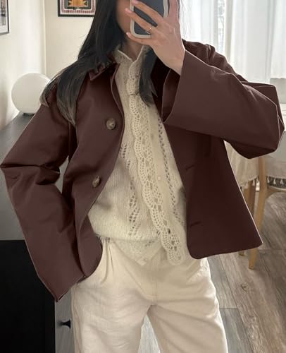 TITOMD Women’s Petite-Friendly Crop Trench Coat, Single-Breasted Plaid Inside 2025 Fall Office Home Travel Essential Ultra-Light Cropped Jackets with Pockets Brown-M