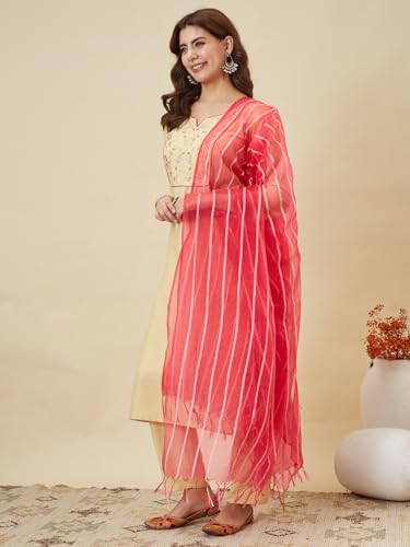 Image of MOKOSH Women's Kurta Pant Dupatta Set | Chinon Embroidered Straight Kurta with Pants and Striped Contrast Organza Dupatta, Traditional Indian Ethnic Suit Set
