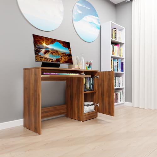 Image of VIKI Engineered Wood Computer Table, Study Table, Desks with Door Storage, Keyboard Tray for Adults /Students, Office Home | DZUKOU | Brussel Walnut, 100W x 75H x 40D | 1 Year Warranty