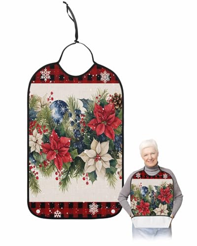 Funnywall88 Christmas Adult Bibs for Women Men Merry Christmas Poinsettia Blue Berry Buffalo Snowflake Waterproof Elderly Apron for Eating Washable Adjustable Adult Bibs with Optional Crumb Catcher