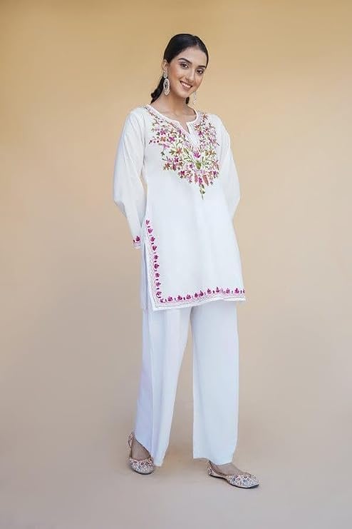 Image of Women's Magenta Embroidered Kurti with Floral Yoke Design