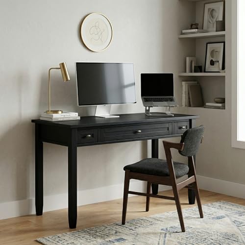 Image of SIMPLIHOME Warm Shaker Desk - 48 inch Wide Solid Wood Writing Desk in Black, Transitional Home Office Computer Desk for Living Room with Keyboard Tray, 2 Drawers and Storage