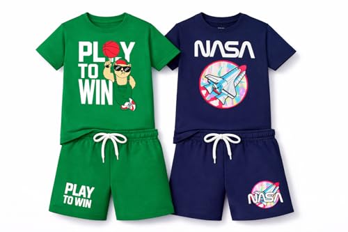 Image of NammaBaby Boy's Cotton Printed Premium Half Sleeves T-Shirt and Shorts Top and Bottom Set /Tshirt-Shorts with Pocket Combo of 2